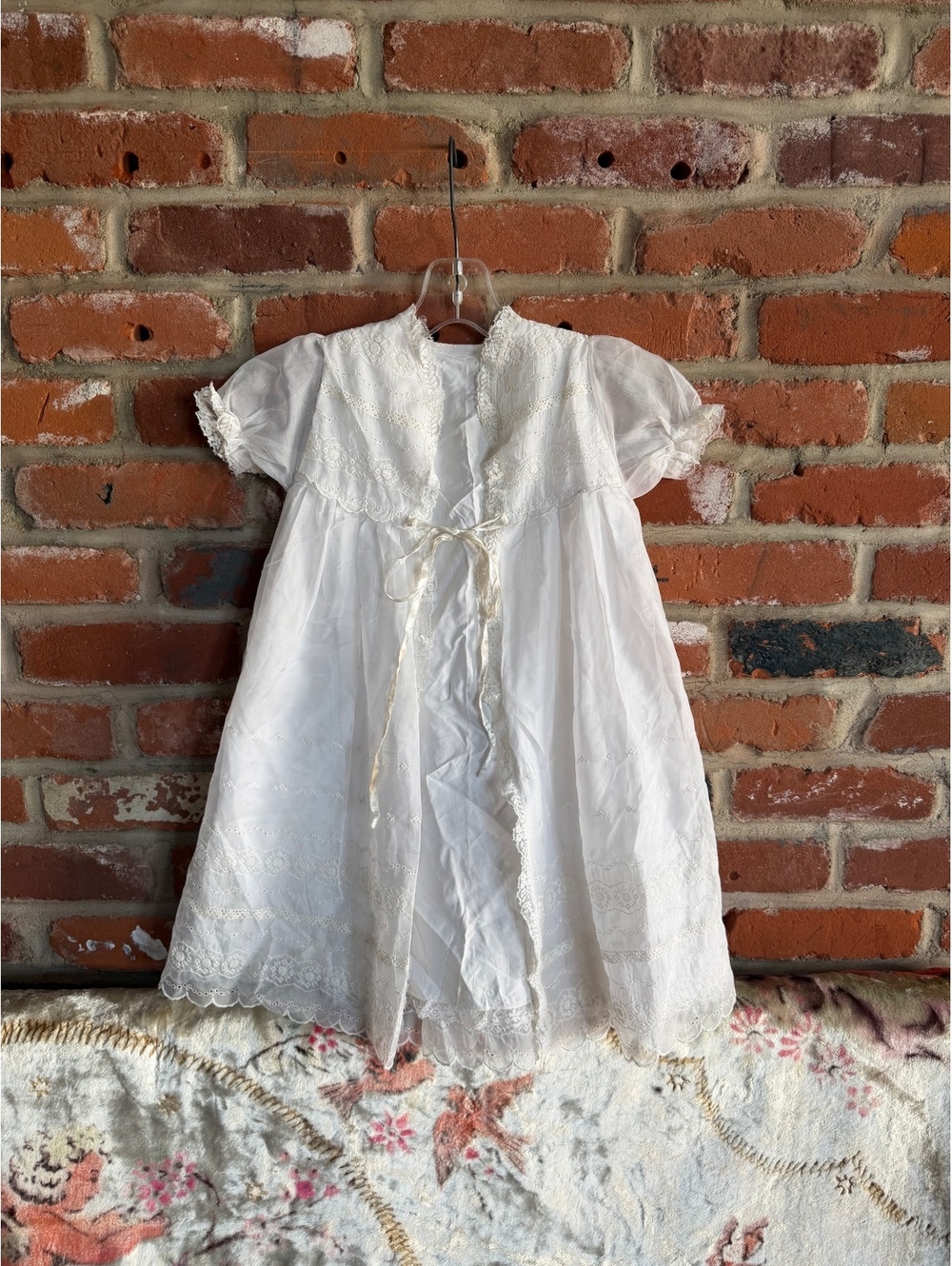 Vintage White Infant Dress with Lace and Embroidery